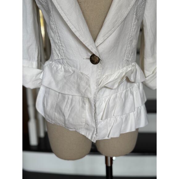 Anthro White Linen Jacket Asymmetry Ruffle Pleated ShabbyChic Boho Coastal Artsy - Picture 3 of 12